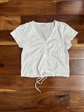 O'Neill Cream V-Neck Short Sleeve Drawstring Crop Top